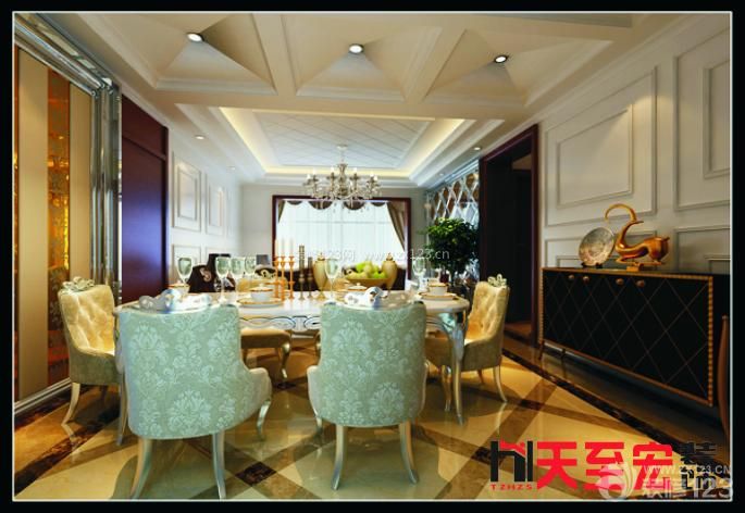 两室两厅 现代简约欧式风格 餐厅装修风格 餐厅设计 石膏板吊顶 饭厅吊顶 吊顶造型 大理石地砖 波打线 射灯 餐边柜 大理石踢脚线 瓷砖踢脚线 房子 墙面设计 墙饰板 石膏板墙面 装饰品 欧式餐桌 方餐桌 餐椅 沙发椅子 靠背椅 