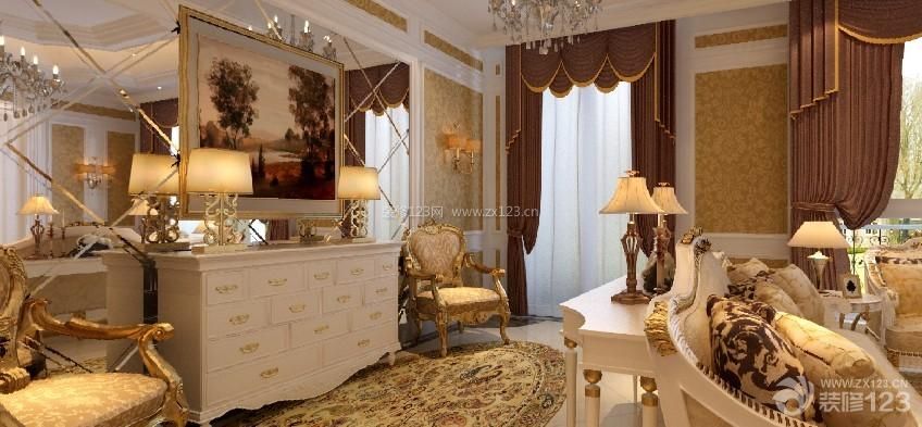 欧式室内装潢 家庭玄关 玄关装饰 暗花壁纸 镜面背景墙 纱帘 欧式窗帘 棕色窗帘 顶角线 褐色地砖 地垫 简约吊灯 水晶灯 台灯 装饰柜 斗柜 墙面壁纸 墙面设计 装饰画 玻璃｜镜 装饰品 沙发椅子 靠背椅 扶手椅 落地窗 